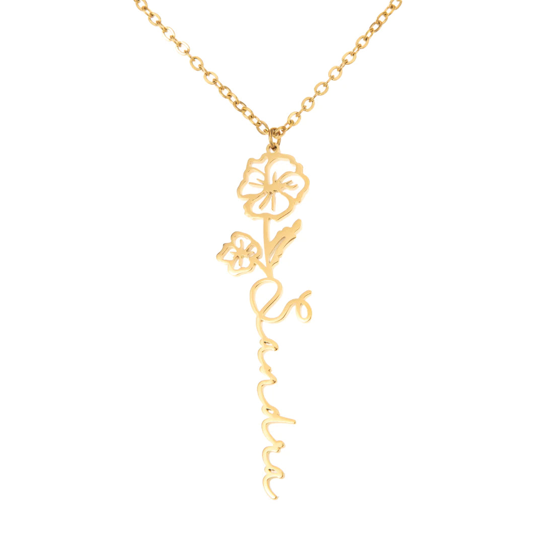 Collier prénom vertical - Fleur rose - RingStar